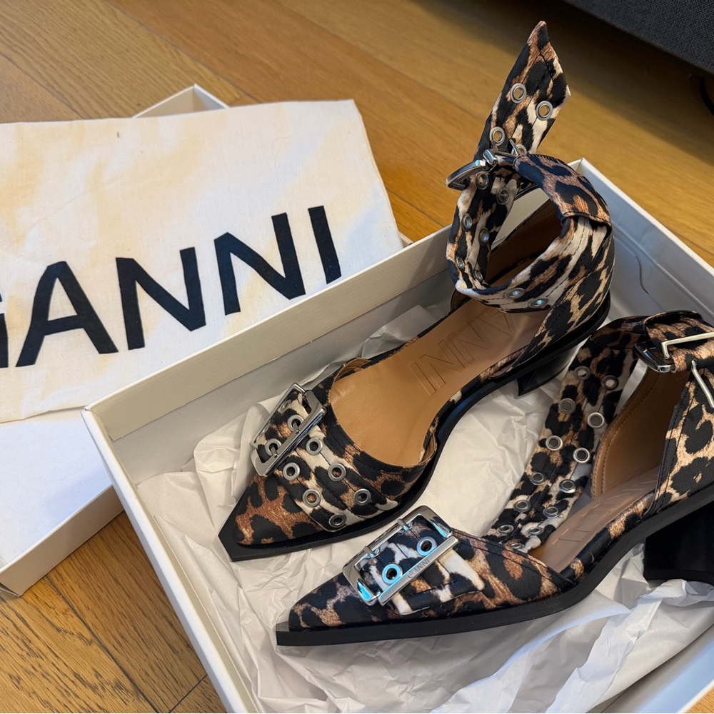 Ganni Leopard Print Heels with Ankle Strap